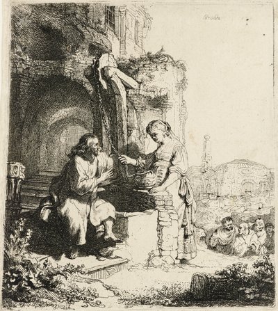 Kristus ja Samarian nainen raunioiden keskellä [Joh. 4:5-20], 1634. tekijältä Rembrandt van Rijn