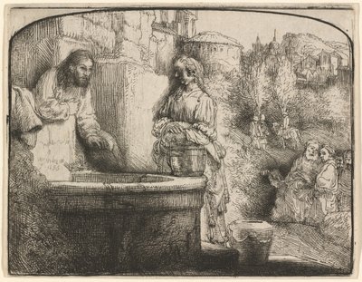 Kristus ja Samarian nainen: Kaareva printti tekijältä Rembrandt van Rijn