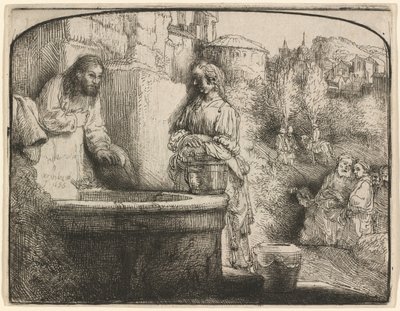 Kristus ja samarialainen nainen: kaareva painokuva tekijältä Rembrandt van Rijn