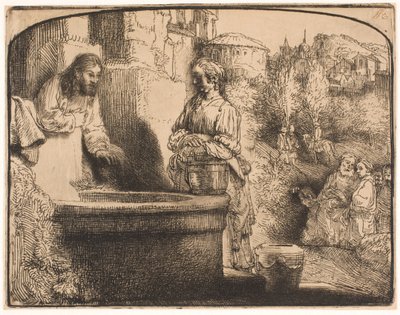 Kristus ja samarialainen nainen: kaareva printti tekijältä Rembrandt van Rijn