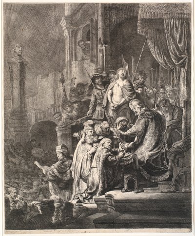 Jeesus Pilatuksen edessä: iso lautanen tekijältä Rembrandt van Rijn