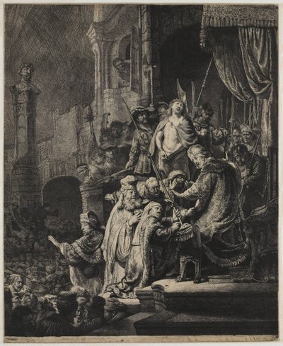 Kristus Pilatuksen edessä: iso lautanen tekijältä Rembrandt van Rijn