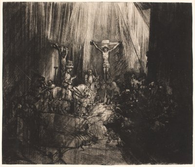 Kristus ristiinnaulittiin kahden varkaan väliin: suuri pitkulainen levy ("Kolme ristiä") tekijältä Rembrandt van Rijn