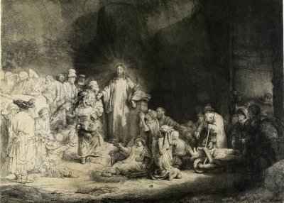 Kristus parantaa sairaita: "Sadan guldenin printti", s. 1649 tekijältä Rembrandt van Rijn