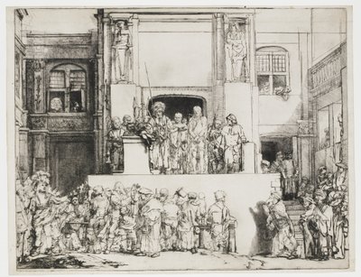 Kristus esiteltiin kansalle: pitkänomainen lautanen tekijältä Rembrandt van Rijn