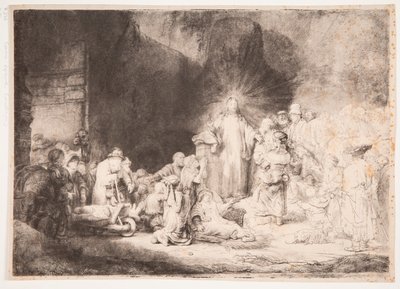 Kristus sairaiden ympäröimänä, ottaen vastaan pieniä lapsia (”Sadan guldenin painatus”) tekijältä Rembrandt van Rijn