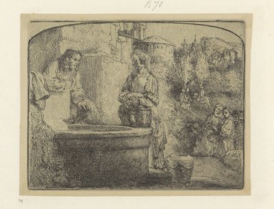 Kristus ja samarialainen nainen Recueil de quatre-vingt-cinq estampes originales (sarjan nimi) tekijältä Rembrandt van Rijn