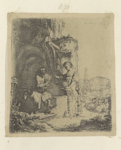 Kristus ja samarialainen nainen: Taustalla olevat rauniot Recueil de quatre-vingt-cinq estampes originales (sarjan nimi) tekijältä Rembrandt van Rijn