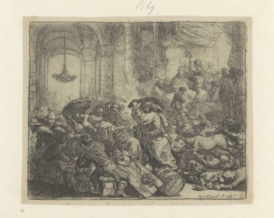 Kristus ajaa rahanvaihtajat ulos temppelistä Recueil de quatre-vingt-cinq estampes originales (sarjan nimi) tekijältä Rembrandt van Rijn