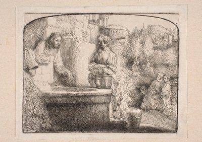 Kristus ja samarialainen nainen (Yläosasta kaarella suljettu sommitelma) tekijältä Rembrandt van Rijn