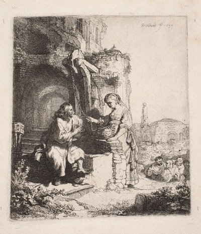 Kristus ja samarialainen raunioiden keskellä (pystysuora piirros) tekijältä Rembrandt van Rijn
