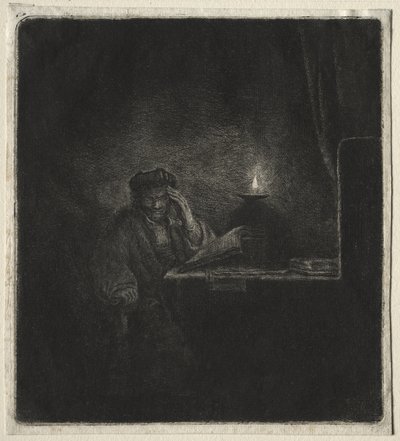 Kopio opiskelijasta pöydässä kynttilänvalossa tekijältä Rembrandt van Rijn