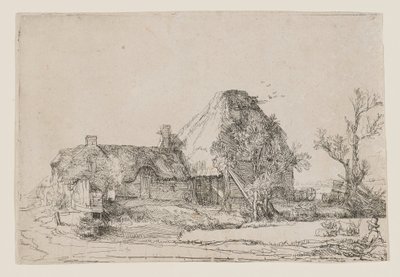 Mökki ja maatilarakennukset, joiden edessä mies piirtää tekijältä Rembrandt van Rijn