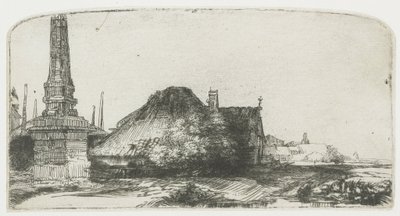 Mökki ja rajapylväs Spaarndammerdijkillä (”L’Obelisque”) tekijältä Rembrandt van Rijn