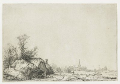 Mökki kanavan vieressä näköalalla Ouderkerkiin tekijältä Rembrandt van Rijn