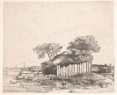 Mökki, jossa on valkoinen aita tekijältä Rembrandt van Rijn