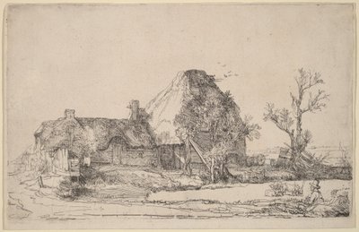 Mökit ja maatilarakennukset, joiden edessä mies piirtää tekijältä Rembrandt van Rijn