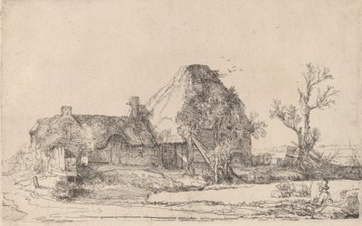 Mökit ja maatilarakennukset miehen luonnostelemalla, n. 1645. tekijältä Rembrandt van Rijn