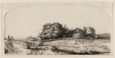 Mökkejä ja heinänavetta Diemerdijkissä lammaslauman kanssa tekijältä Rembrandt van Rijn