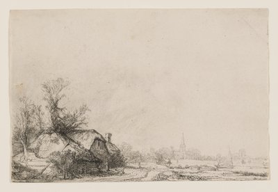 Kanavan varrella sijaitsevat mökit, joissa on kirkko ja purjevene tekijältä Rembrandt van Rijn