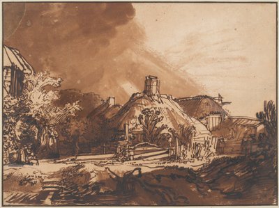 Mökkejä myrskyisen taivaan alla, c. 1640 tekijältä Rembrandt van Rijn