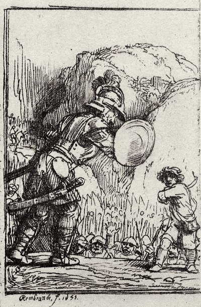 Daavid ja Goljat. Menasseh ben Israelin kuvitus Piedra gloriosalle tekijältä Rembrandt van Rijn