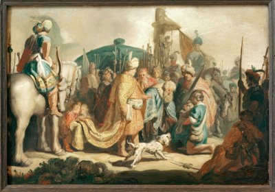 Daavid polvistuu Goljatin pään kanssa Saulin edessä. tekijältä Rembrandt van Rijn