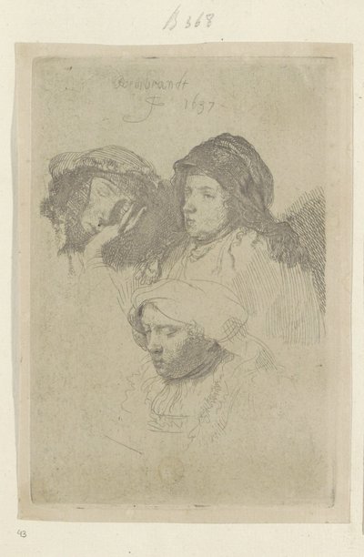 Kolme naaraspäätä, yksi nukkumassa Recueil de quatre-vingt-cinq estampes originales (sarjan nimi) tekijältä Rembrandt van Rijn
