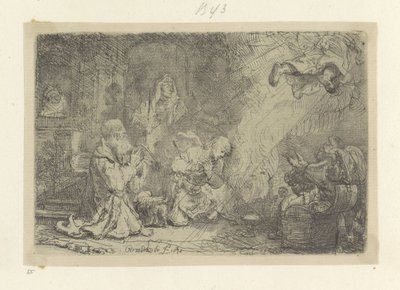 Angel jättää Tobiaksen ja hänen perheensä Recueil de quatre-vingt-cinq estampes originales (sarjan nimi) tekijältä Rembrandt van Rijn
