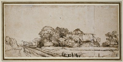 Maatilarakennukset tien varrella (kynä ja ruskea muste ruskealla pesulla) tekijältä Rembrandt van Rijn