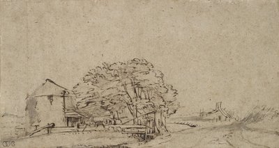 Maatilarakennus tien vieressä ja kaukana oleva maatila, 1650-69 (tussi ja ruskea tussi, harmaa tussi paperille) tekijältä Rembrandt van Rijn