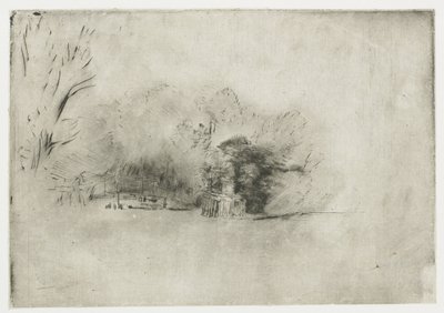 Maalaistalo puiden keskellä Puuryökkä näköalalla tekijältä Rembrandt van Rijn