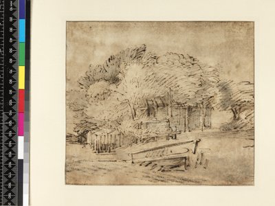 Maalaistalo puiden alla, kävelysillalla, n. 1650 (kynä ja muste pesulla paperille) tekijältä Rembrandt van Rijn