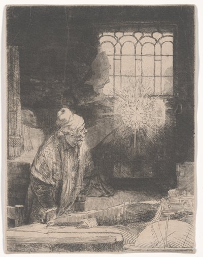 Faust työhuoneessaan katsomassa taikalevyä tai Opettaja työhuoneessaan, n. 1652 tekijältä Rembrandt van Rijn