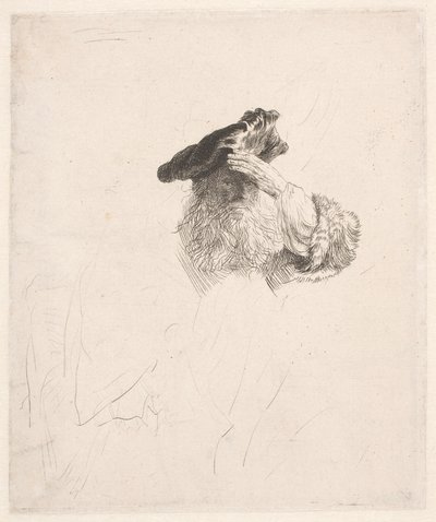 Vanha mies varjostaa silmiään kädellä tekijältä Rembrandt van Rijn