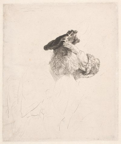 Vanha mies varjostaa silmiään kädellä tekijältä Rembrandt van Rijn