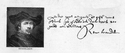 Rembrandtin käsiala ja allekirjoitus kirjeestä Constantine Huygensille, jossa pyydetään maksamaan velkaa, c. 1640 tekijältä Rembrandt van Rijn