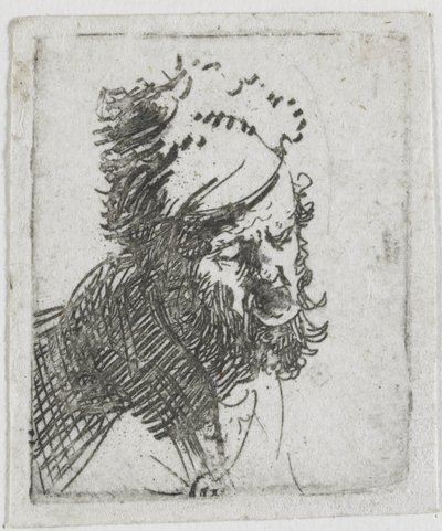 Turkislakkiin pukeutuneen miehen pää, joka huutaa tekijältä Rembrandt van Rijn