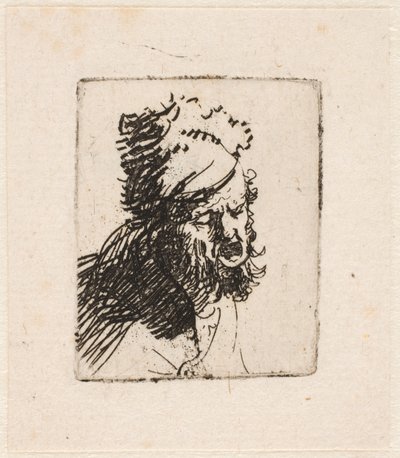 Turkislakkiin pukeutuneen miehen pää, joka huutaa tekijältä Rembrandt van Rijn
