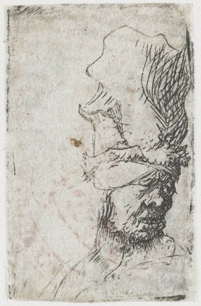 Korkean lippalakin päähän pukeutuneen miehen pää tekijältä Rembrandt van Rijn