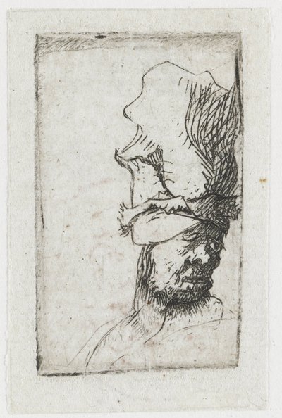 Korkean lippalakin päähän pukeutuneen miehen pää tekijältä Rembrandt van Rijn