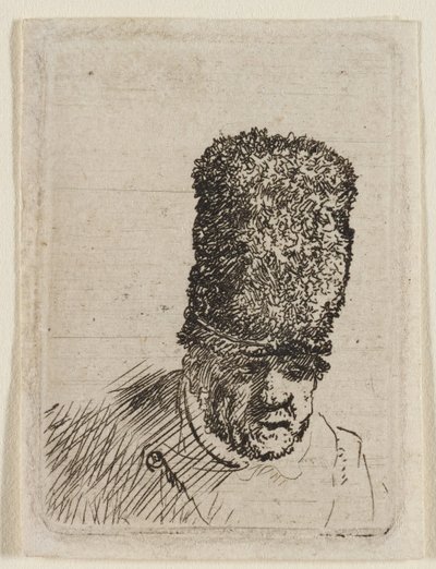 Vanhan miehen pää, jolla on korkea turkislakki: rintakuva tekijältä Rembrandt van Rijn