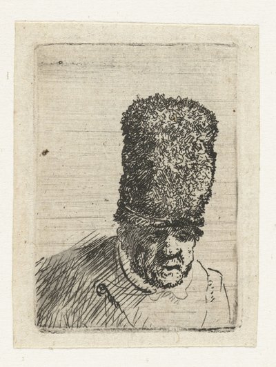 Vanhan miehen pää, jolla on korkea turkislakki tekijältä Rembrandt van Rijn