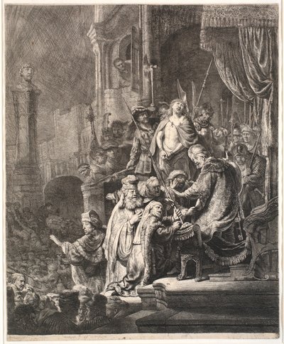 Jeesus Pilatuksen edessä: iso lautanen tekijältä Rembrandt van Rijn