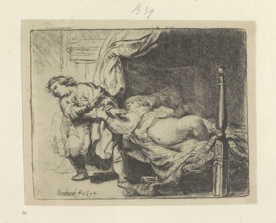 Jozef en de vrouw van Potifar Kokoelma kahdeksankymmentäviisi alkuperäistä vedosta (sarjan nimi) tekijältä Rembrandt van Rijn