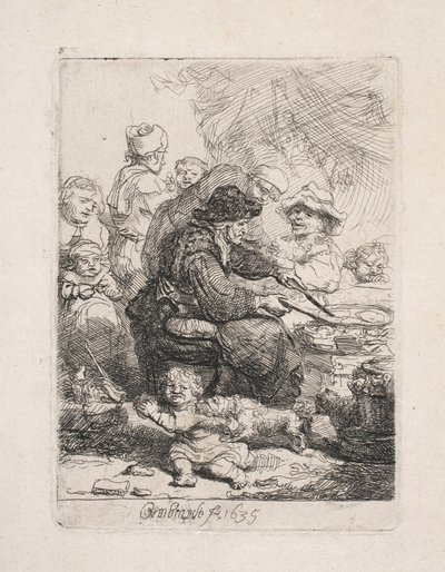 Nainen paistamassa pannukakkuja tekijältä Rembrandt van Rijn