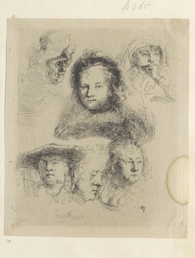 Kopstudies van Saskia en anderen Kokoelma kahdeksankymmentäviisi alkuperäistä vedosta (sarjan nimi) tekijältä Rembrandt van Rijn
