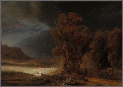 Maisema, jossa kuvataan laupiaan samarialaisen vertausta tekijältä Rembrandt van Rijn