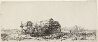 Maisema, jossa on mökkejä ja heinävaja tekijältä Rembrandt van Rijn