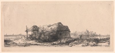 Maisema mökeillä ja heinänavetta: pitkulainen tekijältä Rembrandt van Rijn